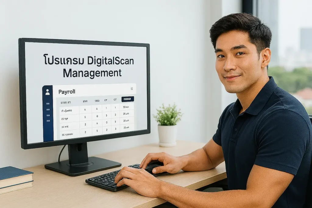 พนักงานใช้งานโปรแกรมเงินเดือน DigitalScan Management บนคอมพิวเตอร์ในออฟฟิศ
