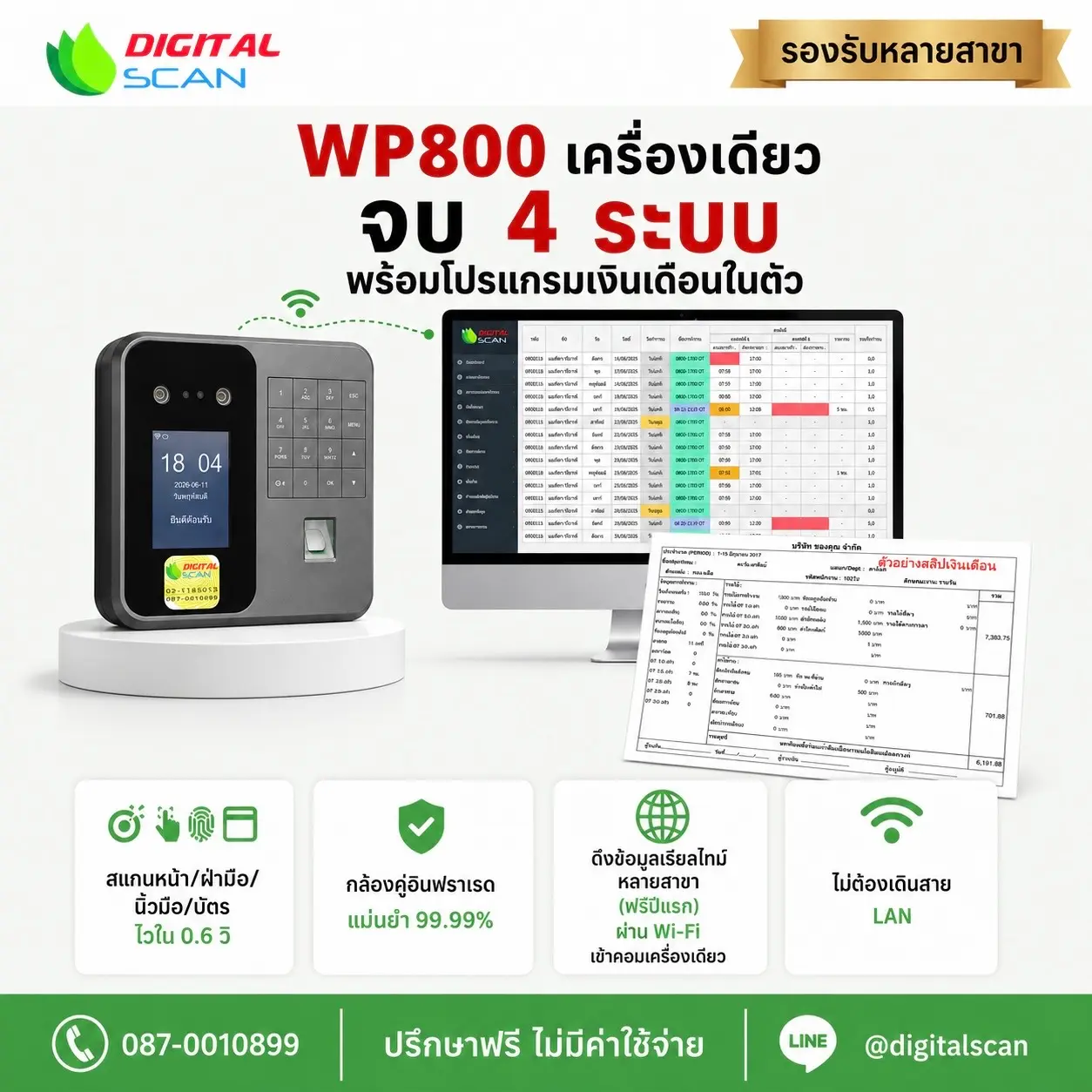 Face recognition, fingerprint and palm time attendance machine WP800 with DigitalScan payroll software supporting multi-branch attendance data collection.